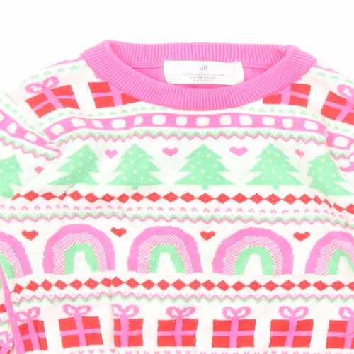 H&M Girls Pink Round Neck Geometric Cotton Pullover Jumper Size 2-3 Years Pullover - Christmas