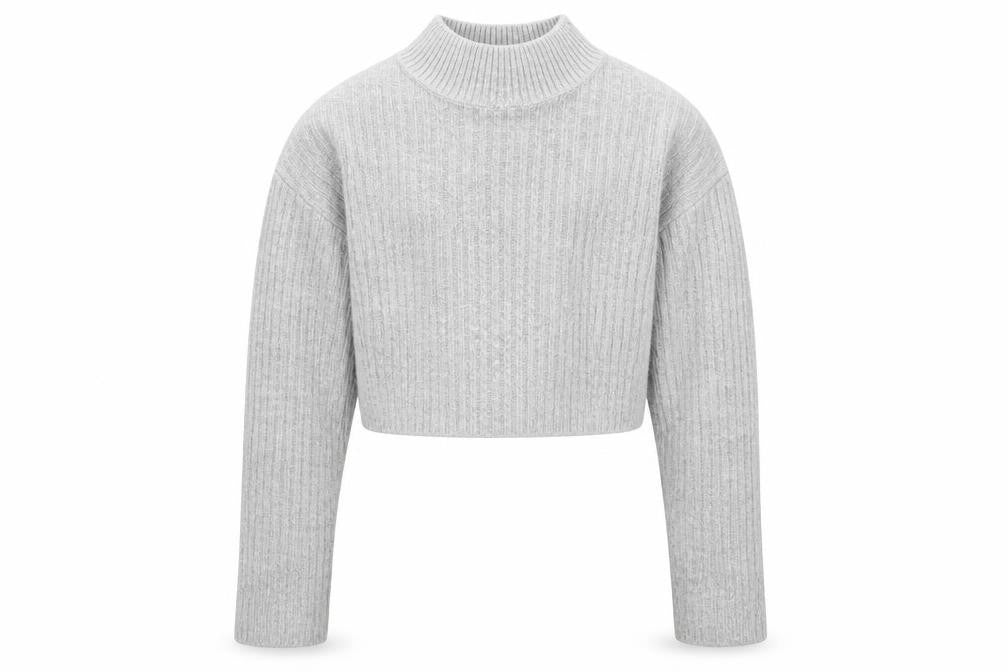 Front view of New Look girls’ grey mock neck acrylic jumper, size 10-11, years pullover - cropped