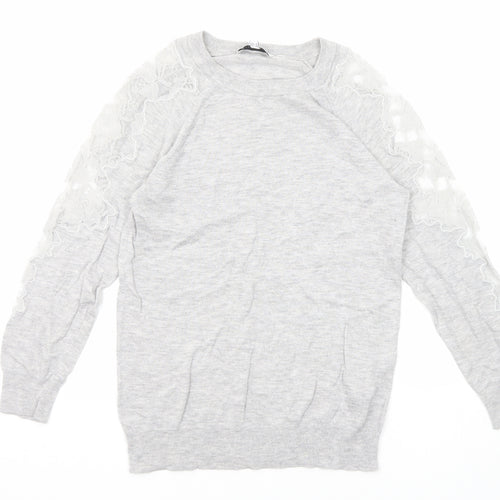 Warehouse Womens Grey Round Neck Polyamide Pullover Jumper Size 8 - Lace Details