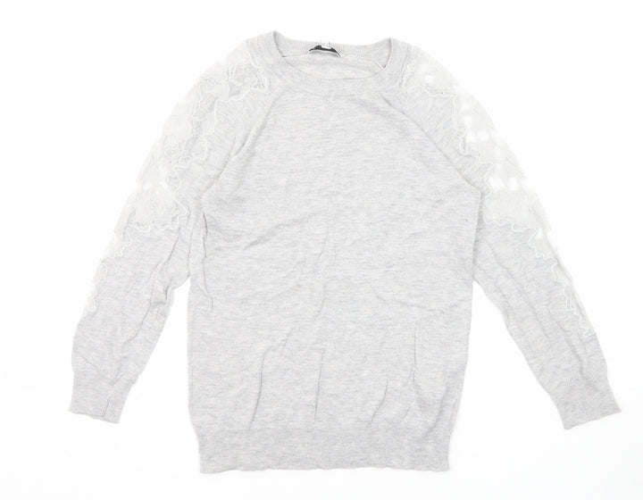 Warehouse Womens Grey Round Neck Polyamide Pullover Jumper Size 8 - Lace Details