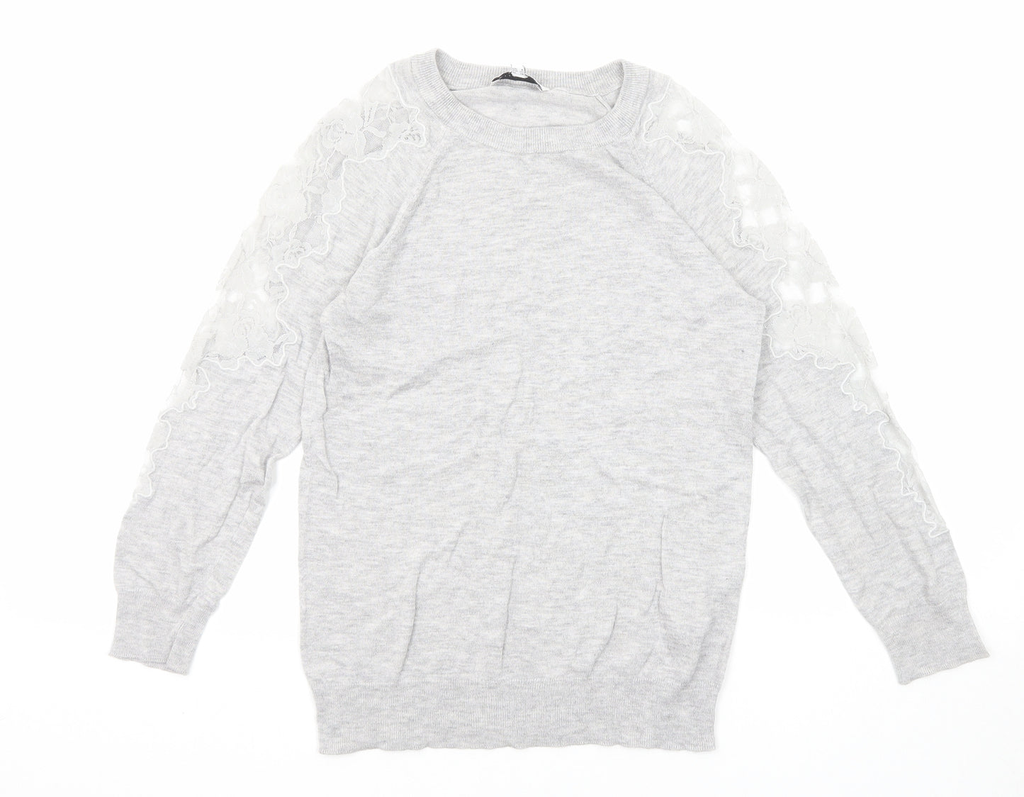 Warehouse Womens Grey Round Neck Polyamide Pullover Jumper Size 8 - Lace Details