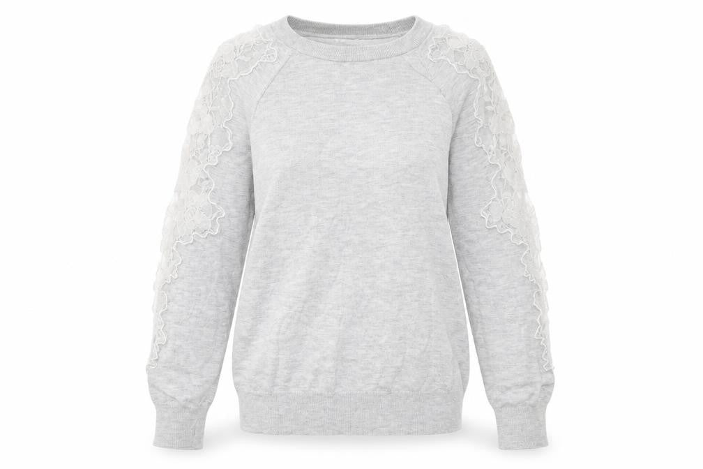 Front view of Warehouse women’s grey round neck polyamide jumper, size UK 8, - lace details