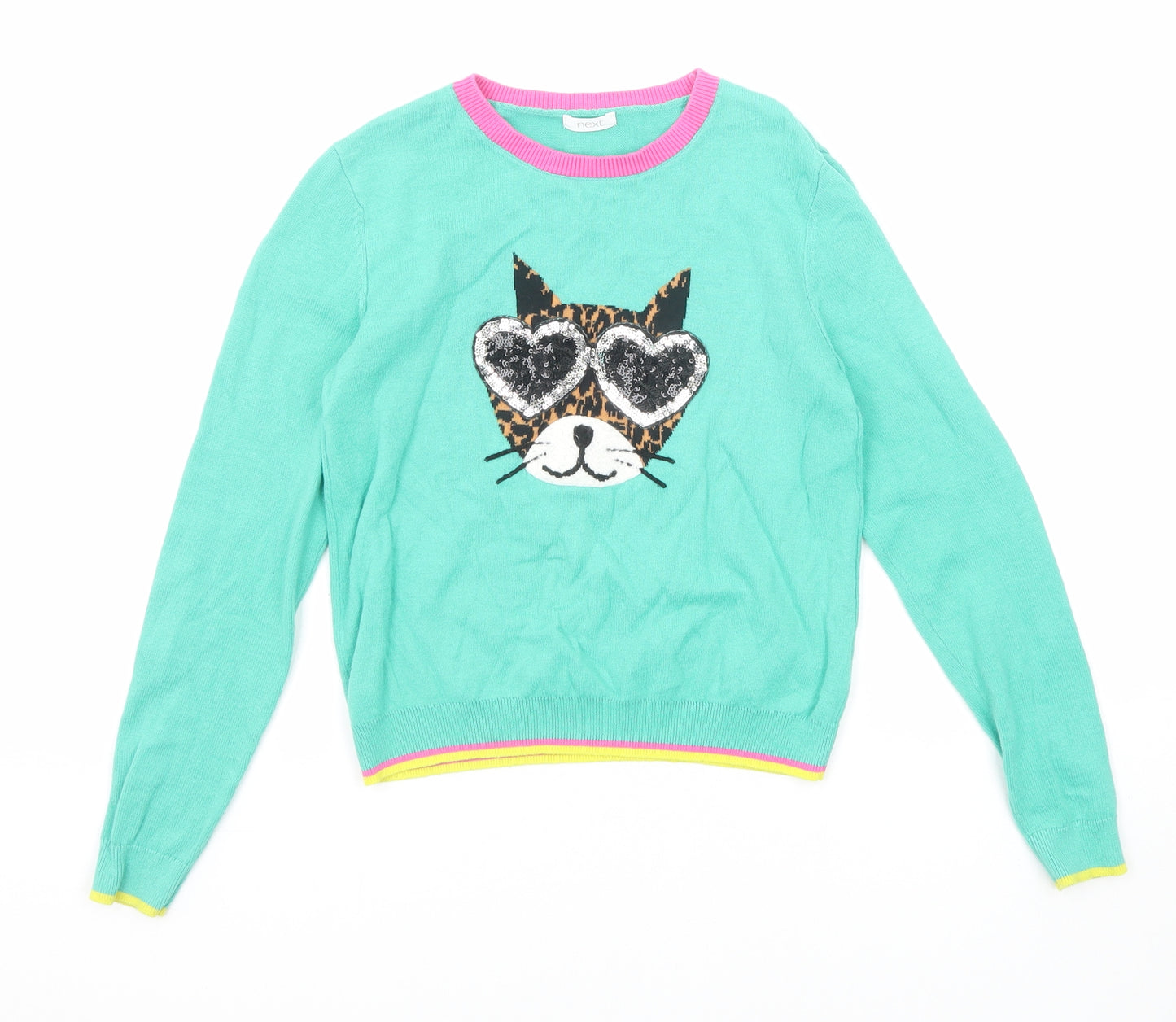NEXT Girls Grey Round Neck Cotton Pullover Jumper Size 9 Years Pullover - Wild Cat