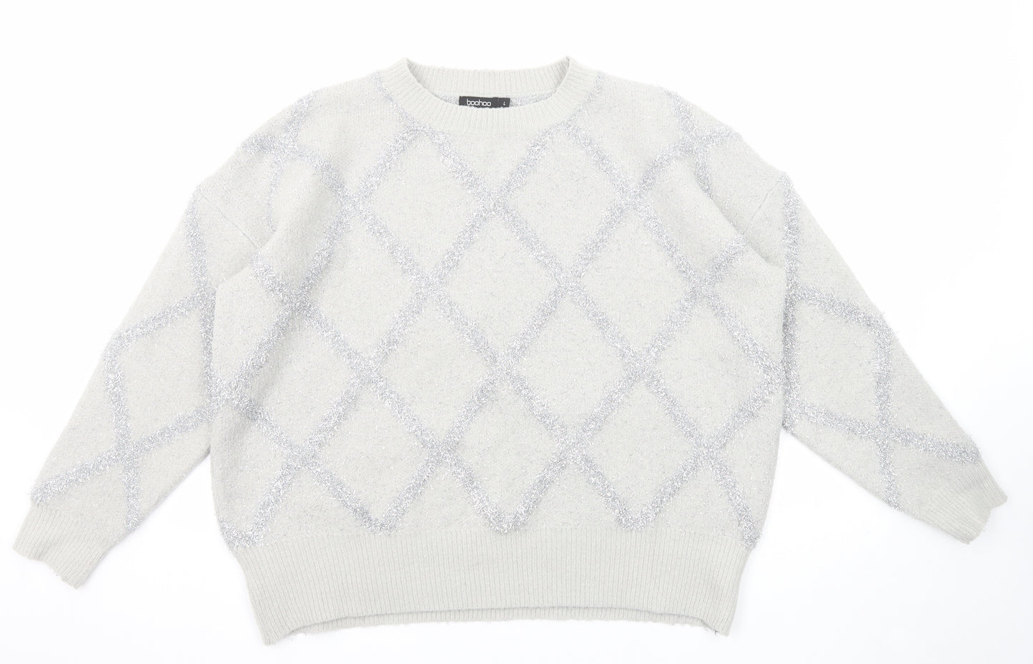 Boohoo Womens Grey Round Neck Geometric Acrylic Pullover Jumper Size L