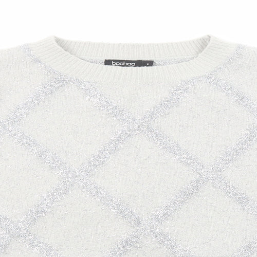 Boohoo Womens Grey Round Neck Geometric Acrylic Pullover Jumper Size L