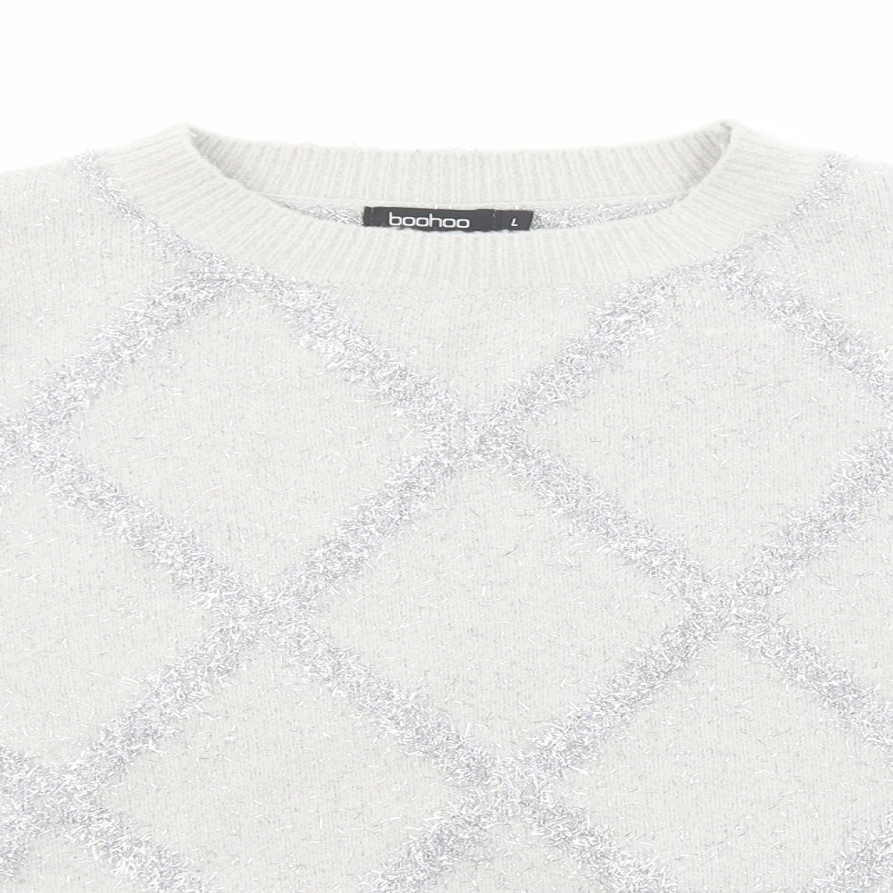 Boohoo Womens Grey Round Neck Geometric Acrylic Pullover Jumper Size L