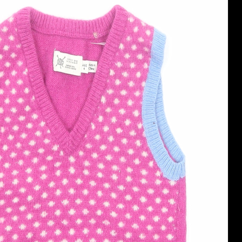 Joules Girls Pink V-Neck Geometric Cotton Pullover Jumper Size 4 Years Pullover
