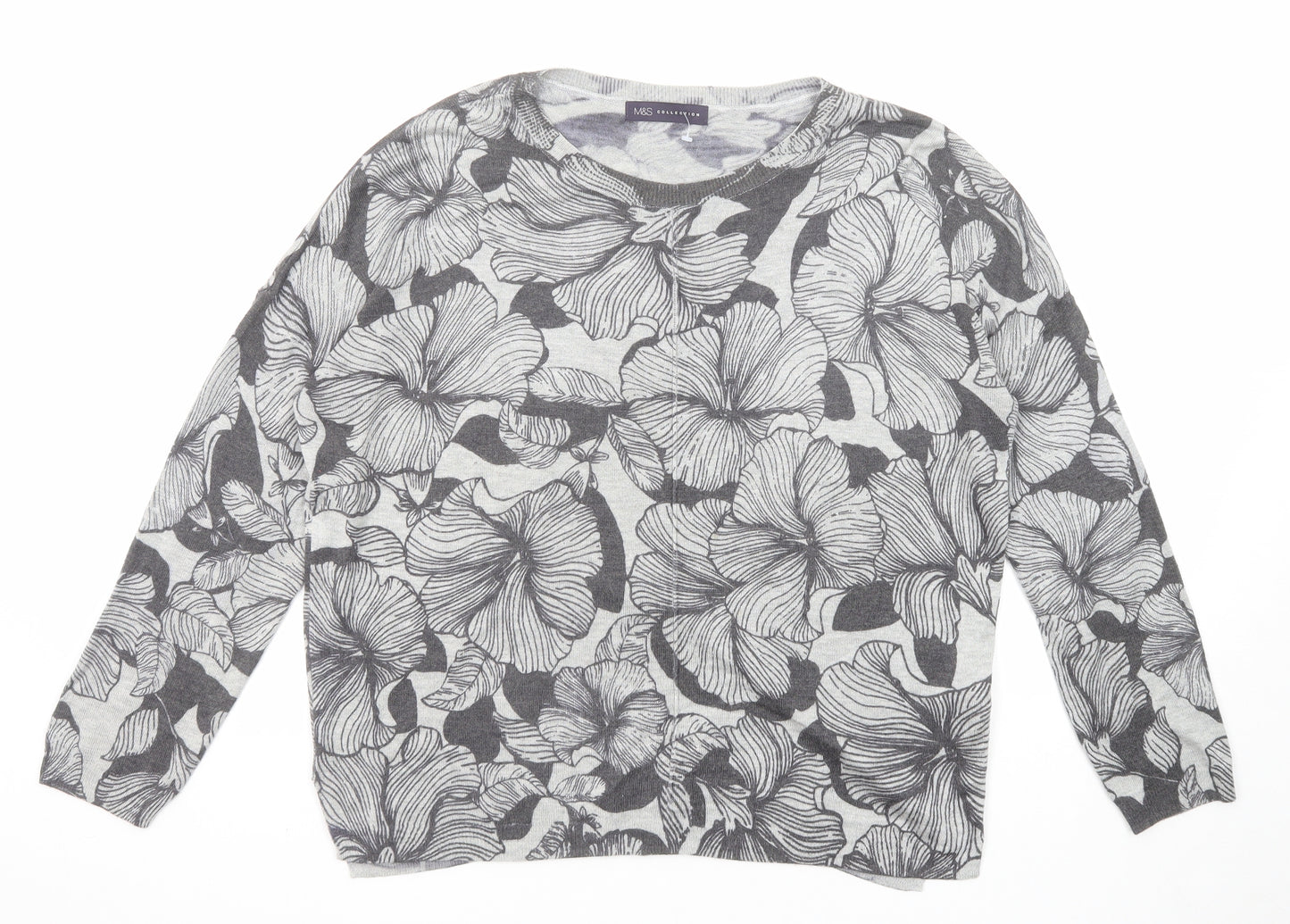 Marks and Spencer Womens Grey Round Neck Floral Acrylic Pullover Jumper Size L
