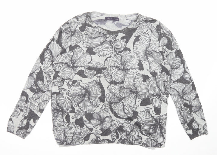 Marks and Spencer Womens Grey Round Neck Floral Acrylic Pullover Jumper Size L