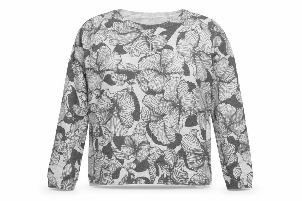 Front view of Marks & Spencer women’s grey round neck floral acrylic jumper, size L