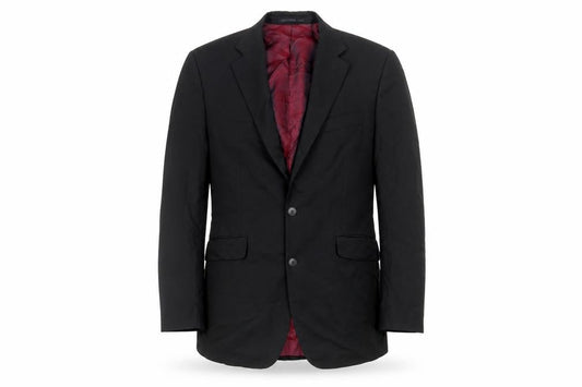 Front view of Evolution men’s black polyester tuxedo suit jacket, size 40, regular