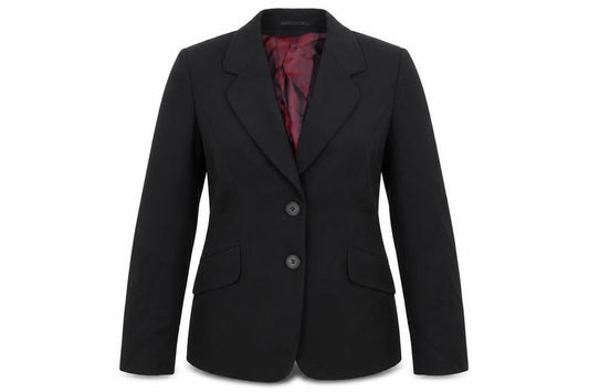Front view of Evolution women’s black polyester jacket suit jacket, size UK 12