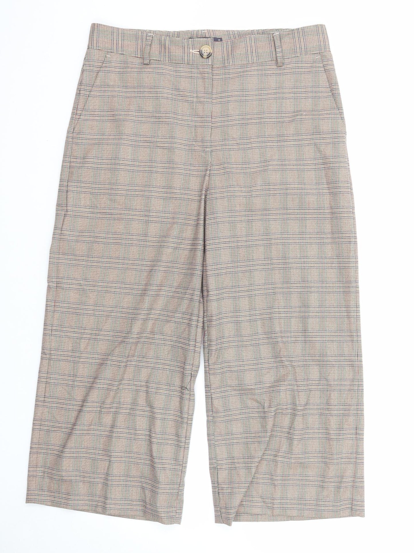 Marks and Spencer Womens Brown Plaid Polyester Trousers Size 14 Regular Zip
