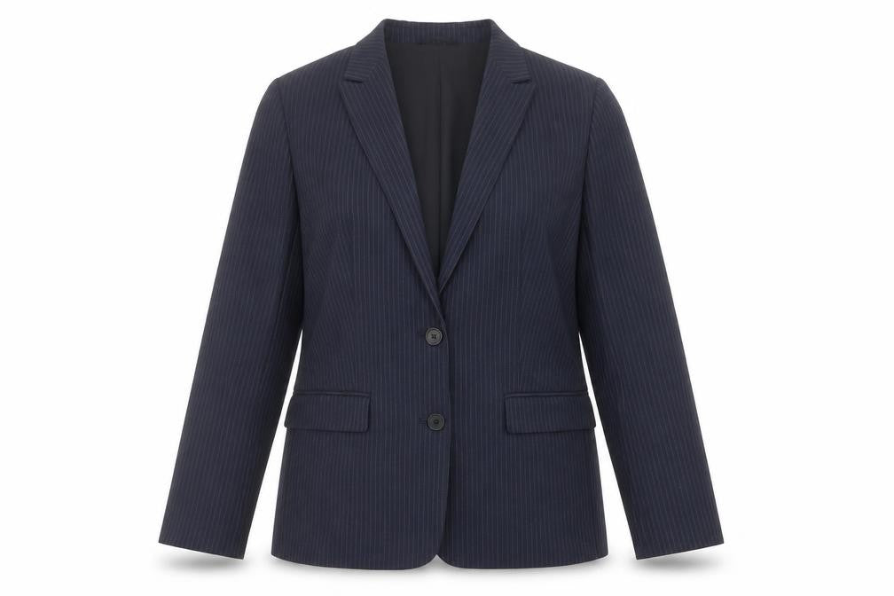 Front view of Marks & Spencer women’s blue pinstripe polyester jacket suit jacket, size UK 12