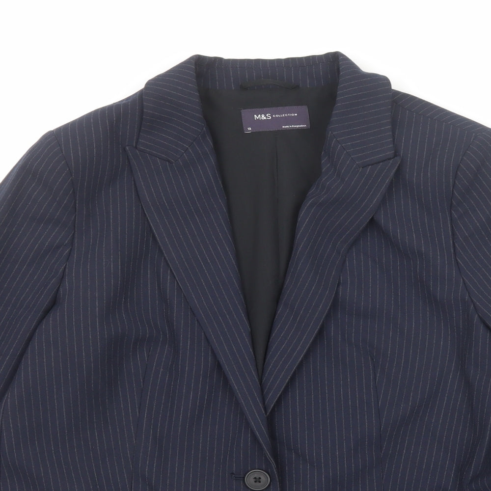 Marks and Spencer Womens Blue Pinstripe Polyester Jacket Suit Jacket Size 12