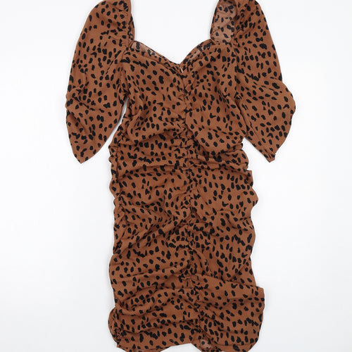 I SAW IT FIRST Womens Brown Geometric Polyester Bodycon Size 10 V-Neck Zip