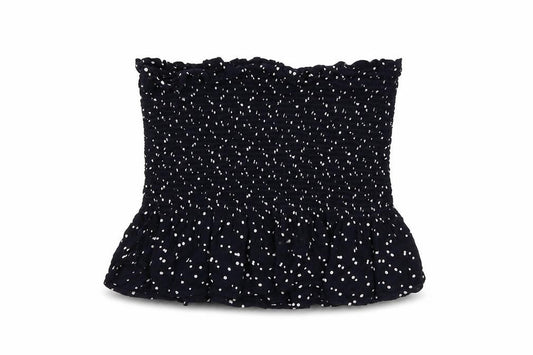 Front view of Next women’s blue polka dot viscose cropped blouse, size M, square neck - strapless shirred