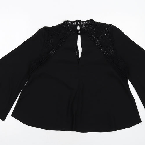Miss Selfridge Womens Black Polyester Basic Blouse Size 10 V-Neck - Flute Sleeve Lace Detail