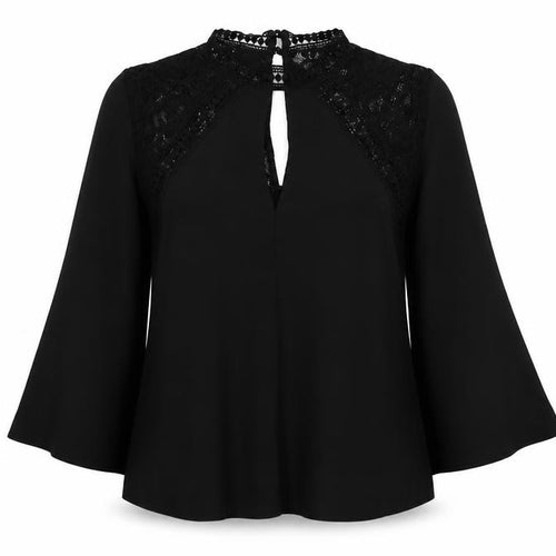 Miss Selfridge Womens Black Polyester Basic Blouse Size 10 V-Neck - Flute Sleeve Lace Detail