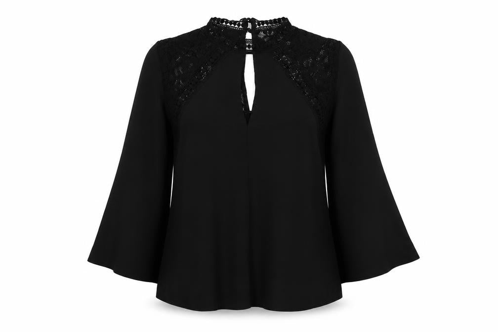 Miss Selfridge Womens Black Polyester Basic Blouse Size 10 V-Neck - Flute Sleeve Lace Detail