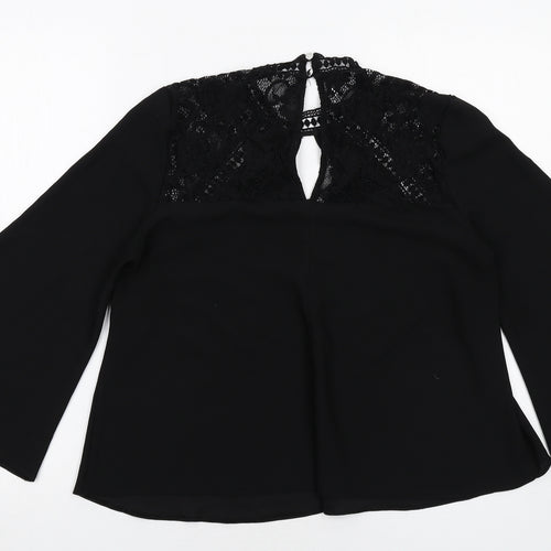 Miss Selfridge Womens Black Polyester Basic Blouse Size 10 V-Neck - Flute Sleeve Lace Detail