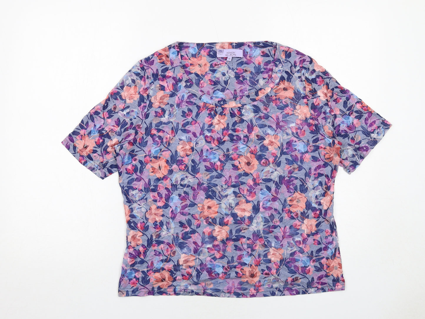 EWM Womens Blue Floral Cotton Basic T-Shirt Size 14 Scoop Neck