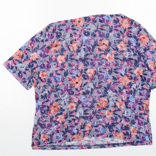 EWM Womens Blue Floral Cotton Basic T-Shirt Size 14 Scoop Neck