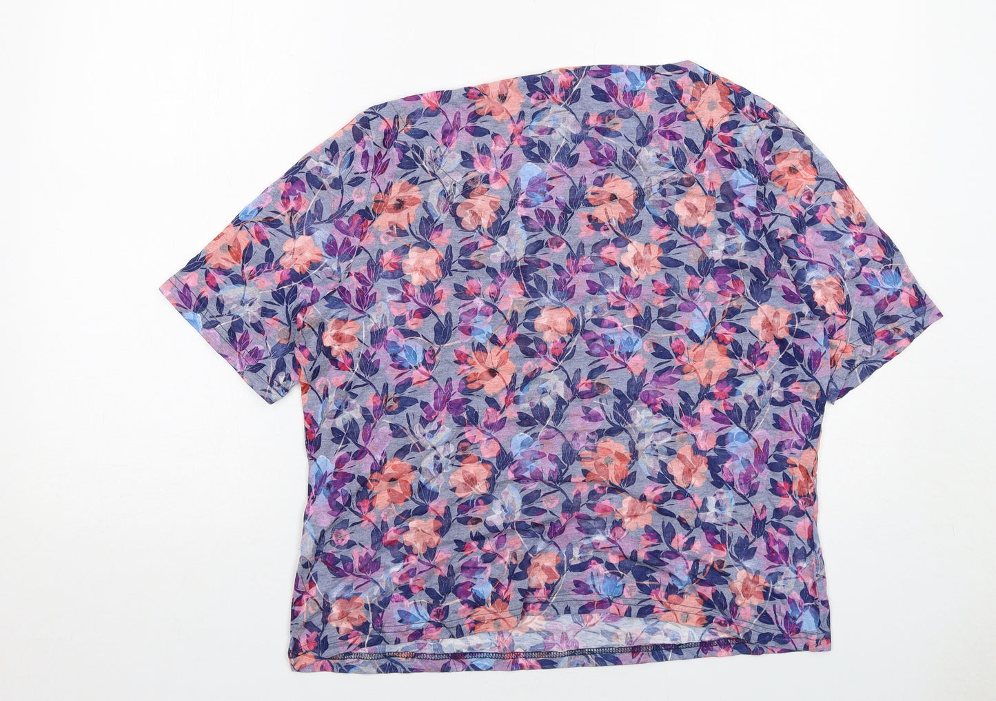 EWM Womens Blue Floral Cotton Basic T-Shirt Size 14 Scoop Neck
