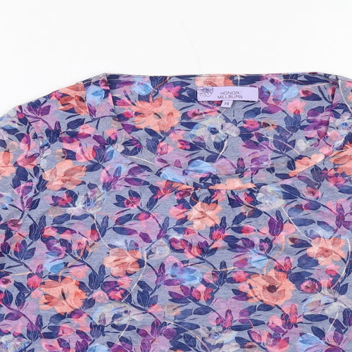 EWM Womens Blue Floral Cotton Basic T-Shirt Size 14 Scoop Neck