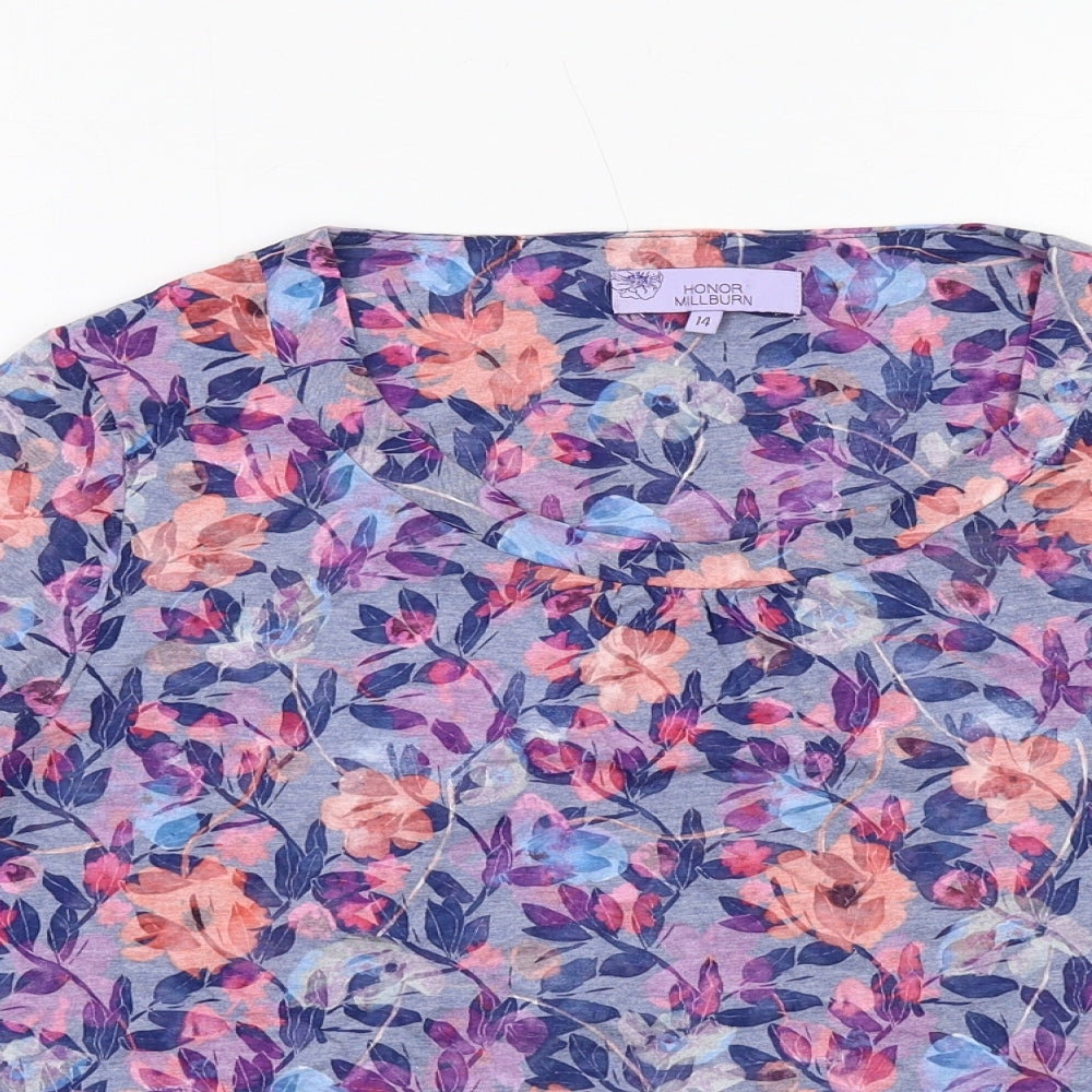 EWM Womens Blue Floral Cotton Basic T-Shirt Size 14 Scoop Neck