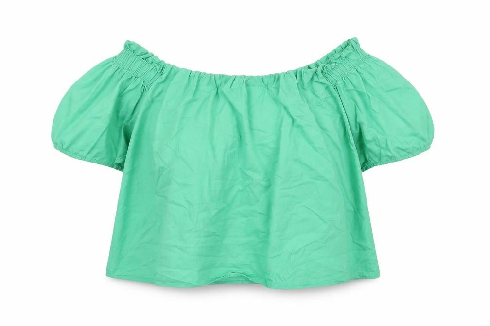 Front view of New Look women’s green cotton basic blouse, size UK 14, off the shoulder