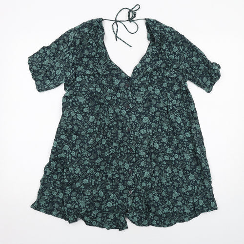 Motel Womens Green Floral Viscose A-Line Size M V-Neck Button