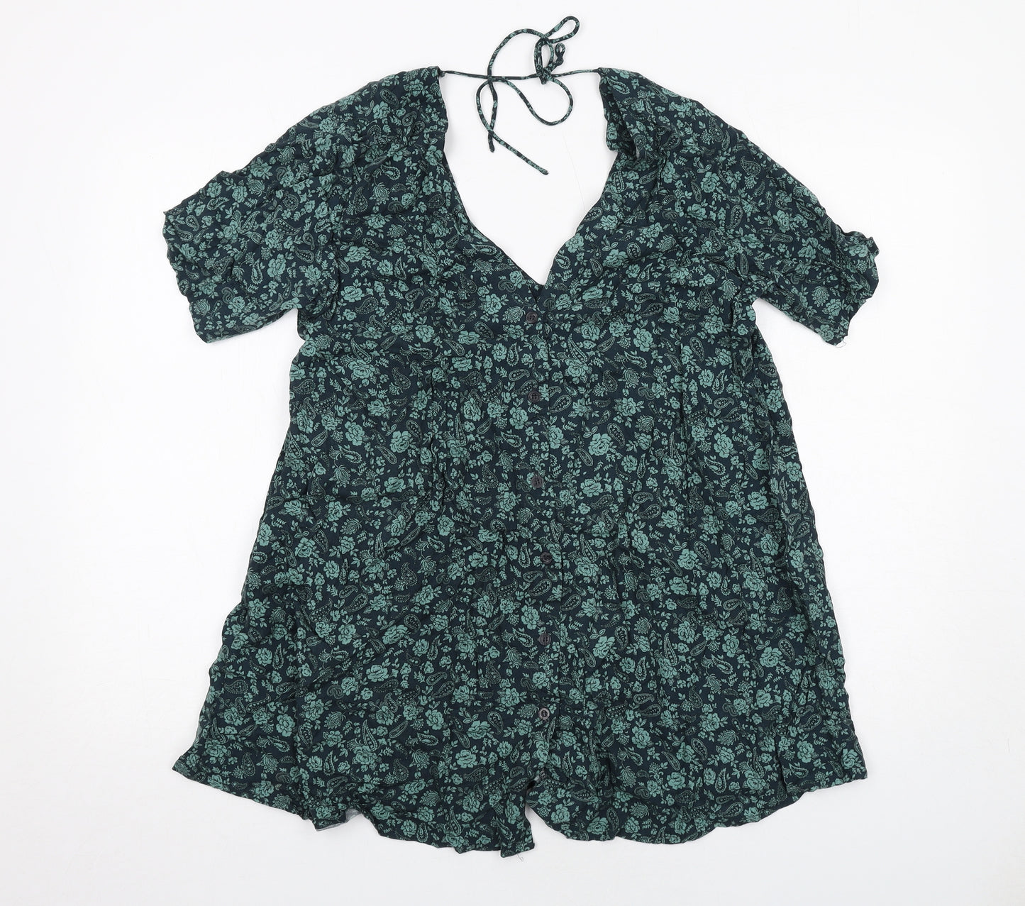 Motel Womens Green Floral Viscose A-Line Size M V-Neck Button