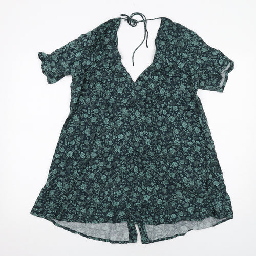 Motel Womens Green Floral Viscose A-Line Size M V-Neck Button