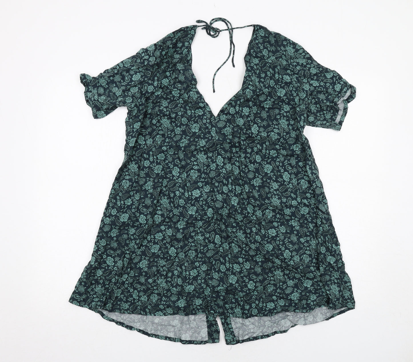 Motel Womens Green Floral Viscose A-Line Size M V-Neck Button
