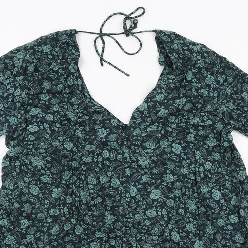 Motel Womens Green Floral Viscose A-Line Size M V-Neck Button