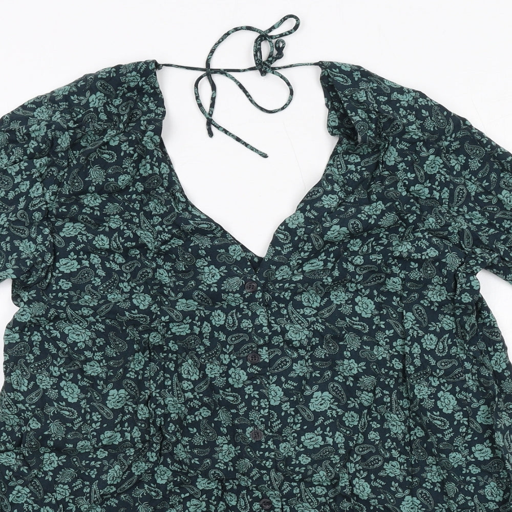 Motel Womens Green Floral Viscose A-Line Size M V-Neck Button