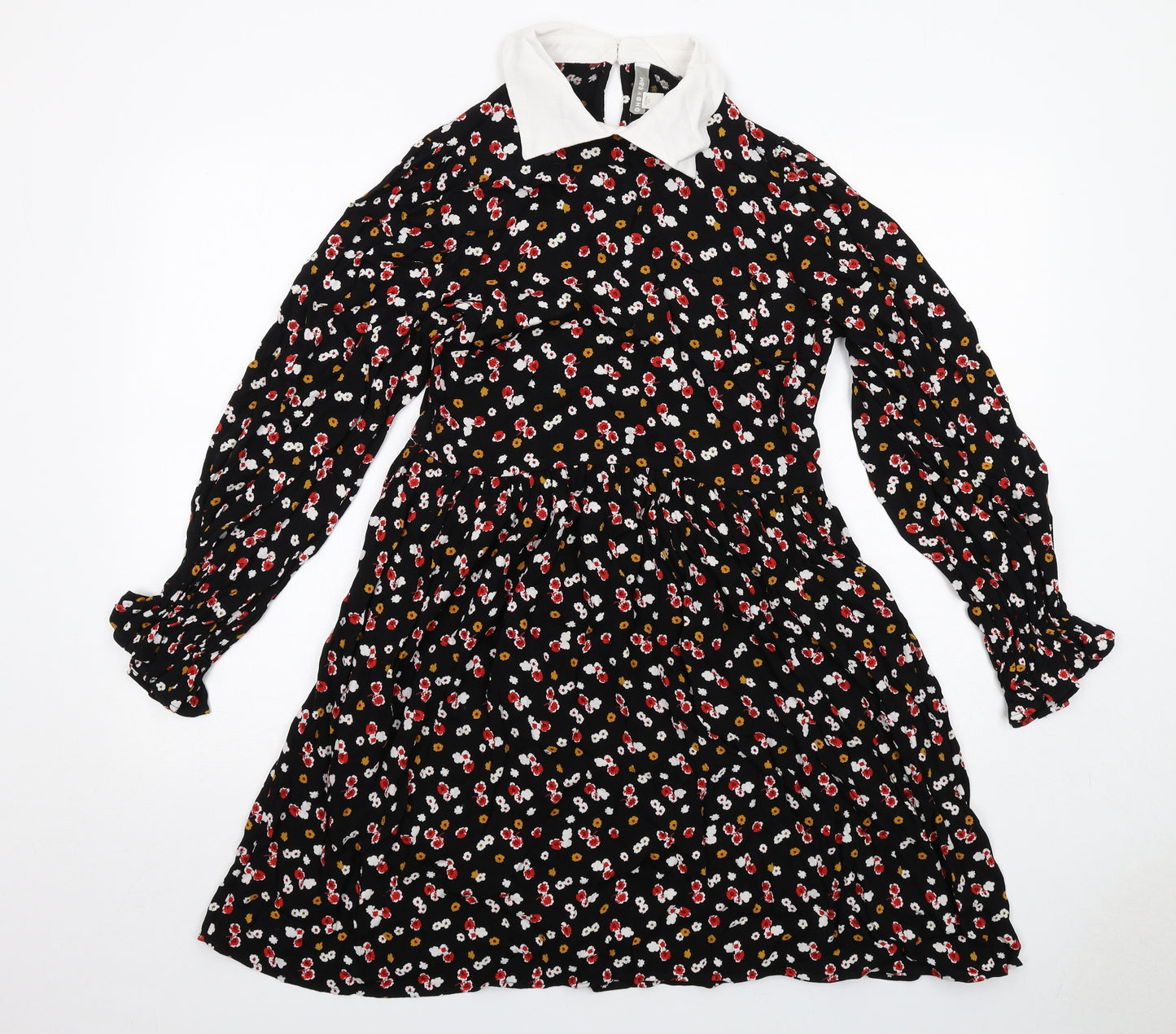 Marks and Spencer Womens Black Floral Viscose Shirt Dress Size 8 Collared Button