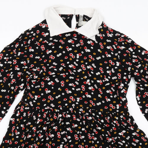 Marks and Spencer Womens Black Floral Viscose Shirt Dress Size 8 Collared Button