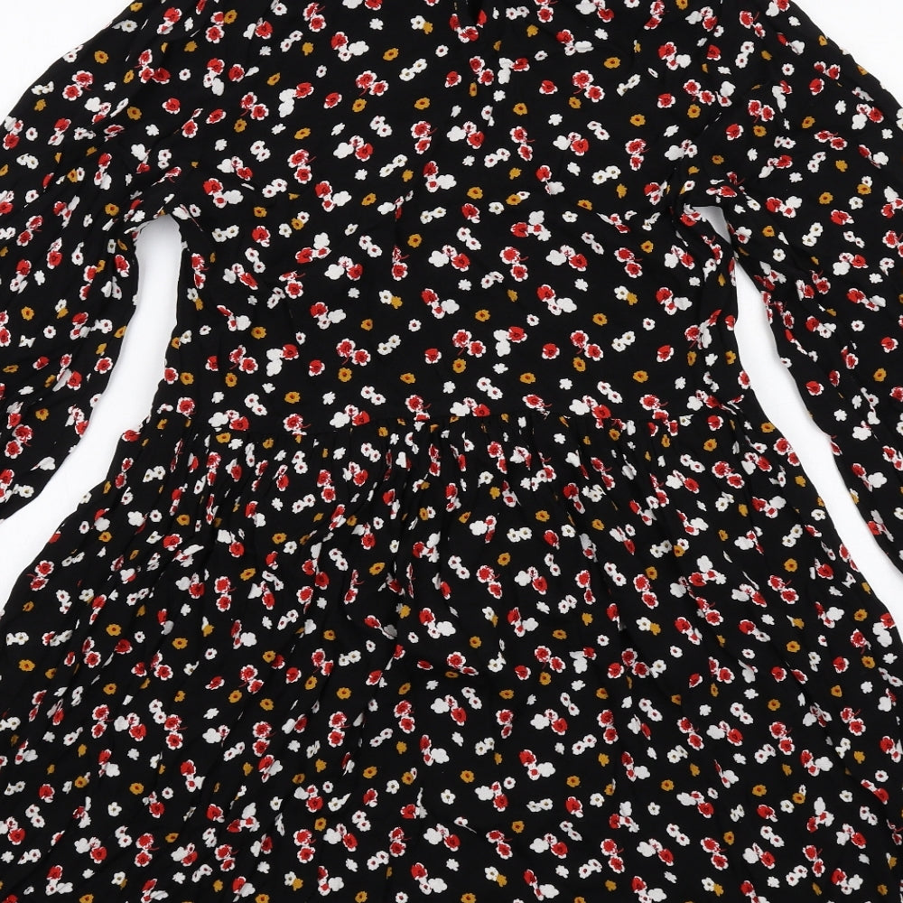 Marks and Spencer Womens Black Floral Viscose Shirt Dress Size 8 Collared Button