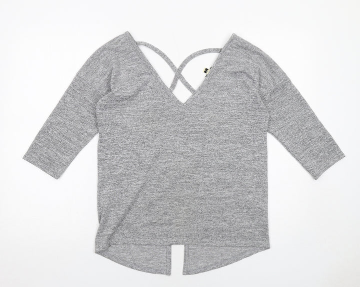Miss Selfridge Womens Grey Polyester Basic T-Shirt Size 8 V-Neck