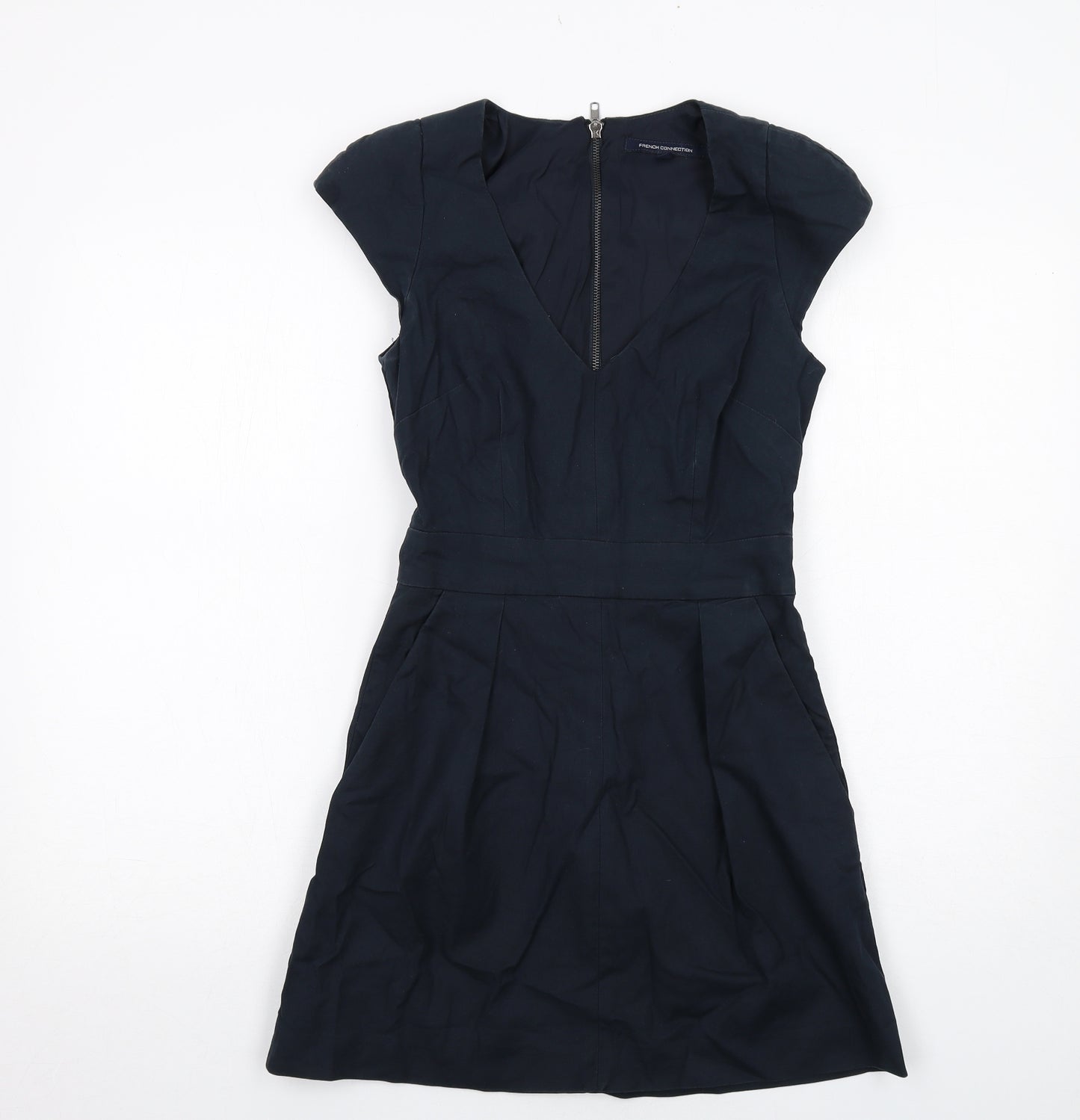 French Connection Womens Black Cotton Shift Size 6 V-Neck Zip