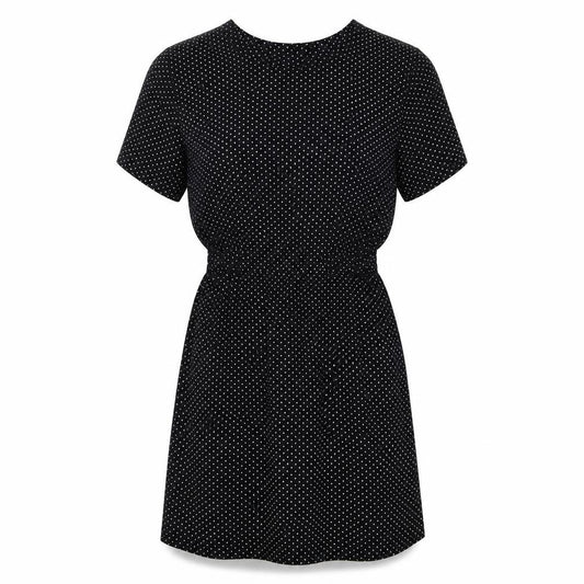 Front view of Warehouse women’s black polka dot polyester a-line, size UK 10, round neck pullover