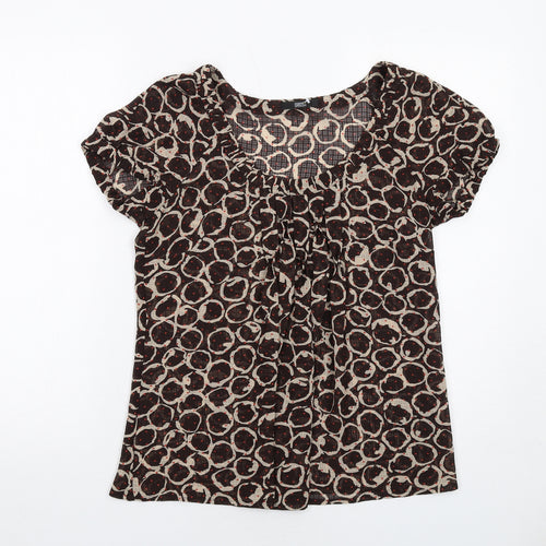 Marks and Spencer Womens Brown Geometric Polyester Basic Blouse Size 8 Scoop Neck - Front Pleat Detail
