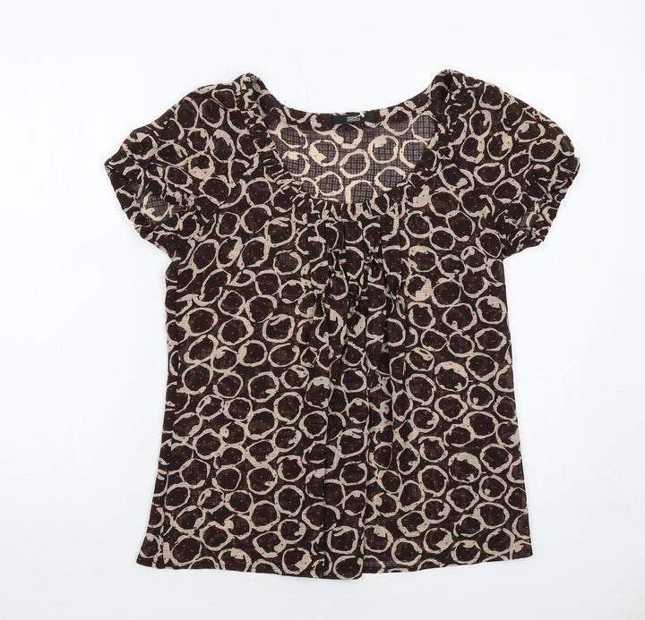 Marks and Spencer Womens Brown Geometric Polyester Basic Blouse Size 8 Scoop Neck - Front Pleat Detail