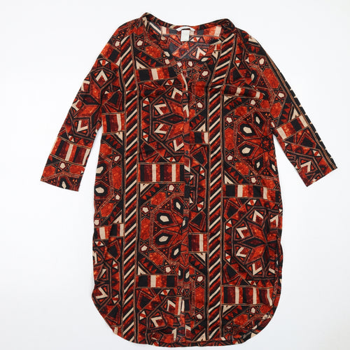 H&M Womens Multicoloured Geometric Polyester A-Line Size S V-Neck Button