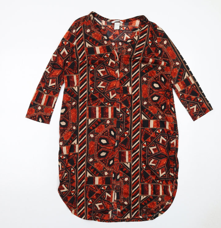 H&M Womens Multicoloured Geometric Polyester A-Line Size S V-Neck Button