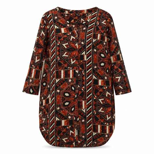 Front view of H&M women’s multicoloured geometric polyester a-line, size S, v-neck button