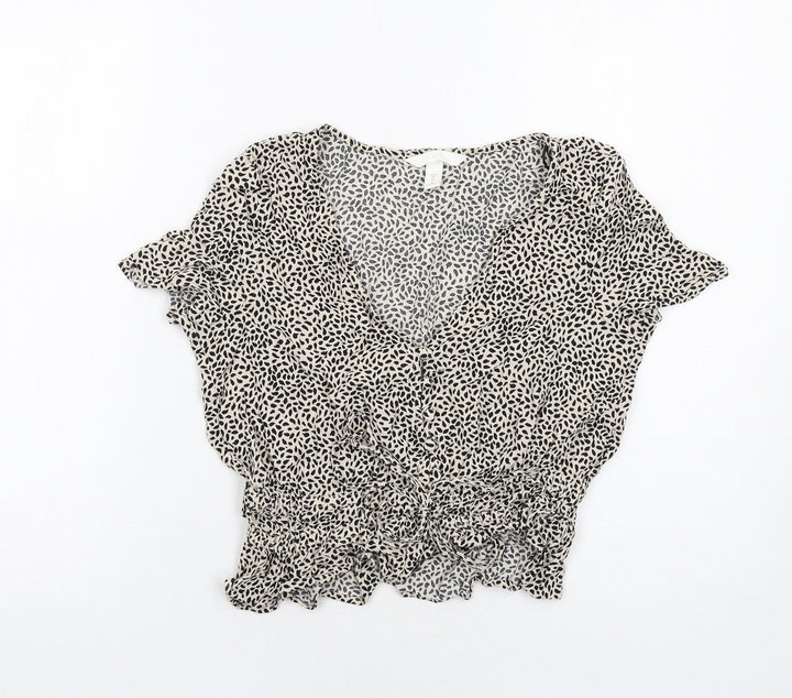 H&M Womens Ivory Geometric Viscose Basic Blouse Size 6 V-Neck