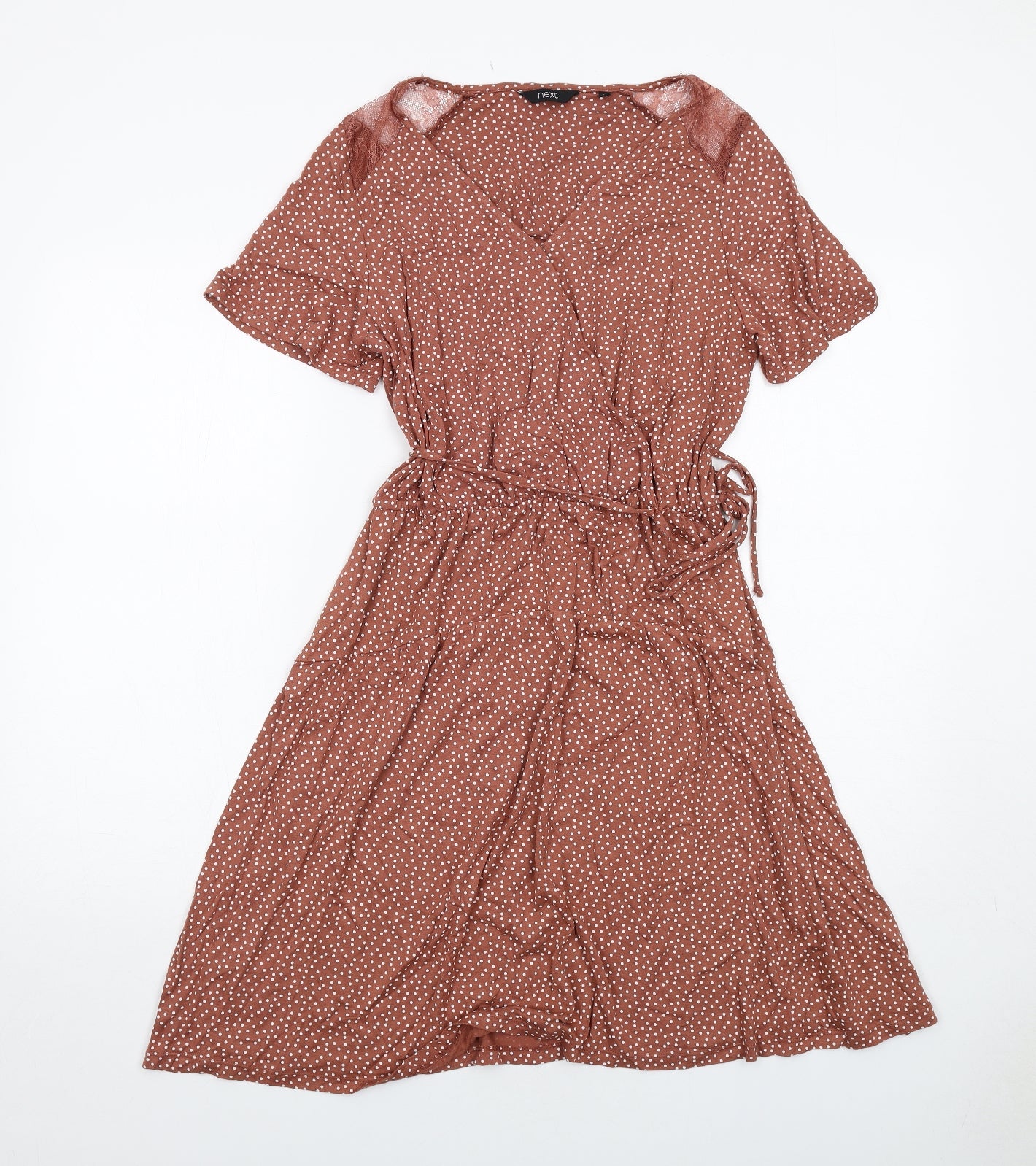 NEXT Womens Brown Polka Dot Viscose Trapeze & Swing Size 10 V-Neck Tie